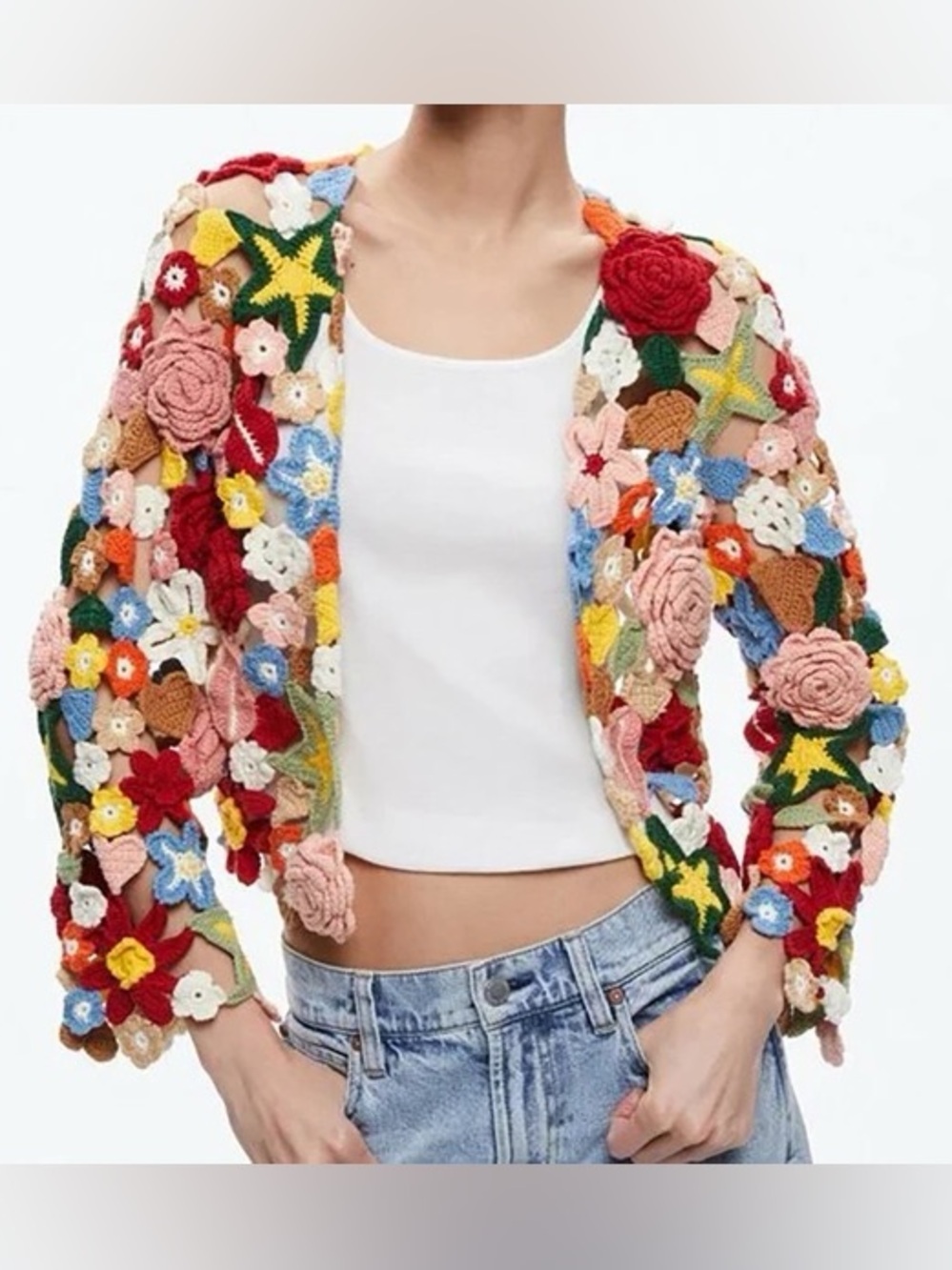 Alice + Olivia Fawn Floral Crochet Knit Collage Cardigan